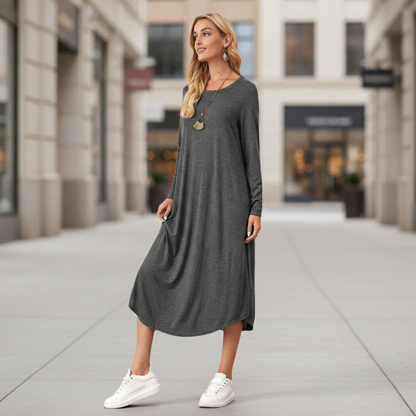 Women's Cotton Maxi Dress – Solid Color Long Sleeve A-Line with Pockets