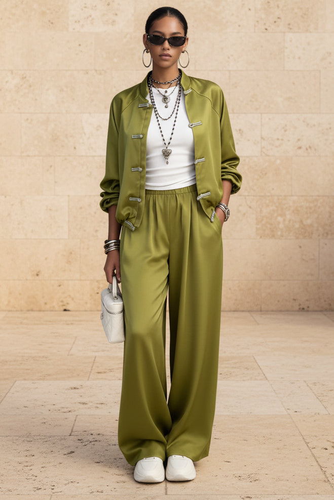 Women's Satin Two-Piece Set — Frog Button Jacket & Wide Leg Pants