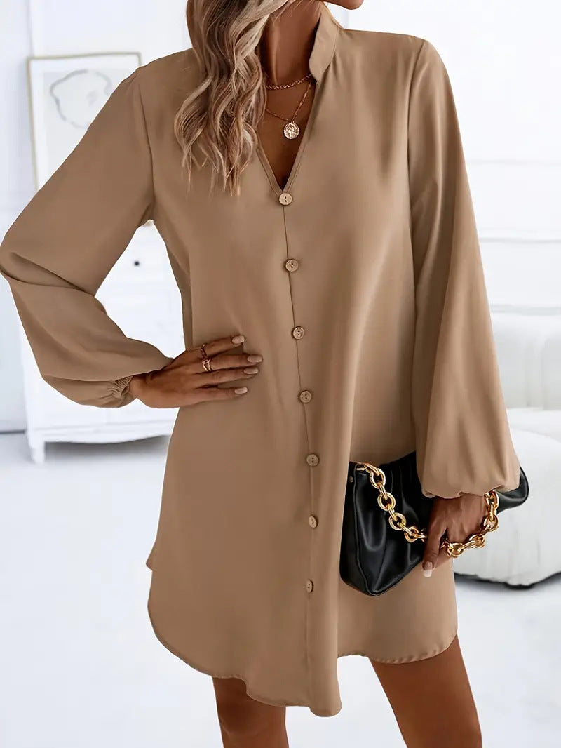 Women's V-Neck Long Sleeve Single-Breasted A-Line Dress