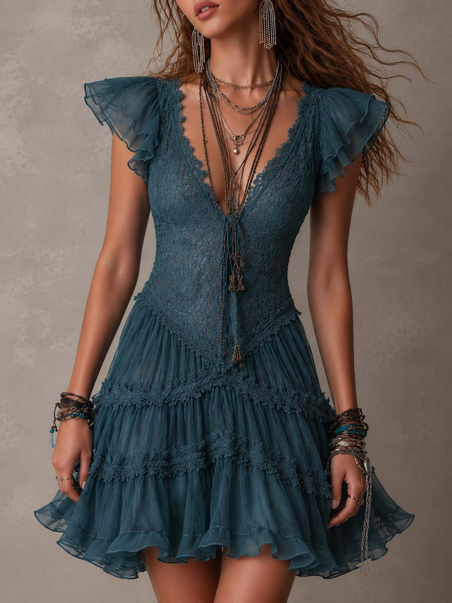 Women's Lace Flutter Sleeve V-Neck Tie Waist Layered Tulle Cake Mini Dress – Navy Blue