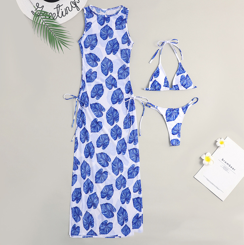 Women's Solid Color Three-Piece Bikini Set with Maxi Dress Cover-Up