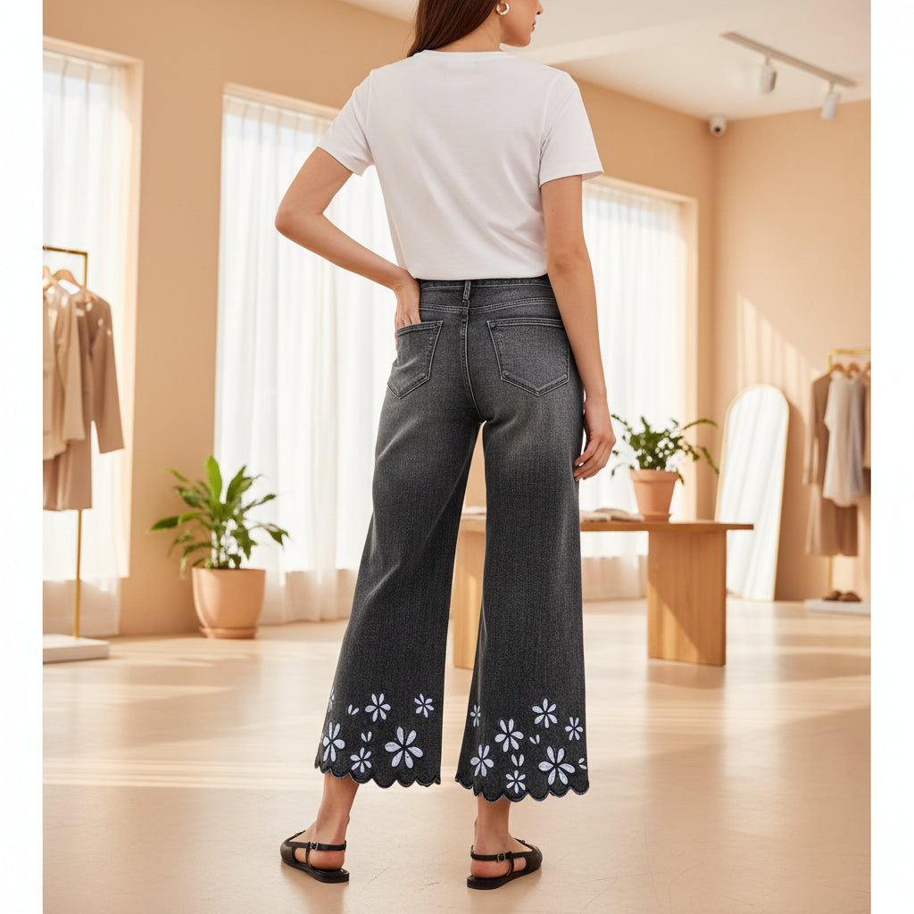 Chrysanthemum Embroidered Cropped Denim Jeans – Women's Loose Straight-Leg