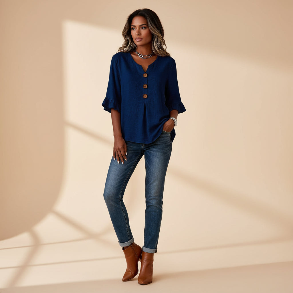 Women's Cotton Linen V-Neck Button-Up Blouse — Summer Casual Top