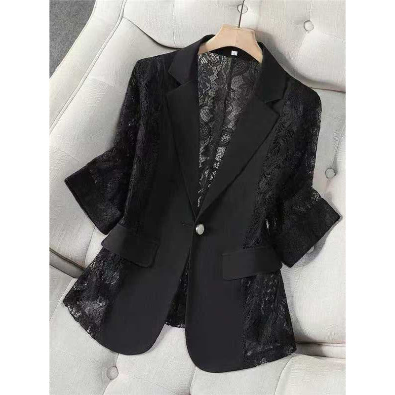 Women's Lace Patchwork Blazer | Three-Quarter Sleeve One-Button Suit Jacket in White & Black