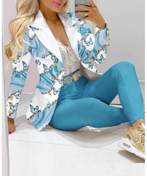 Women's Printed Coat & Trousers Two-Piece Set – 19 Prints, Casual Fashion Suit