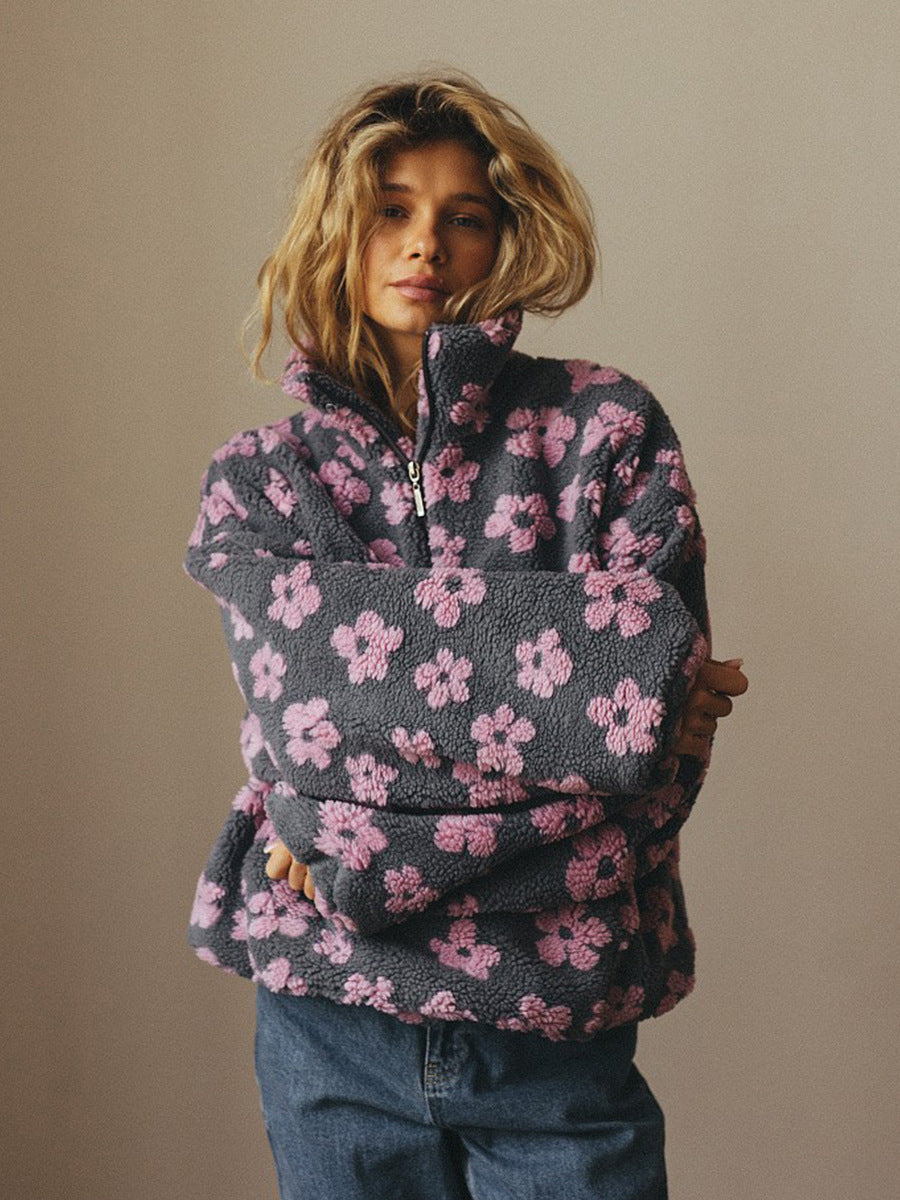 Winter Flowers Lambskin Sweatshirt Women | Cozy Zip-Up Pocket Pullover