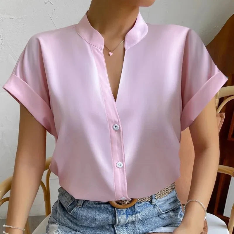 🧡 Summer Women's Satin V-Neck Short Sleeve Shirt – Elegant Casual Wear