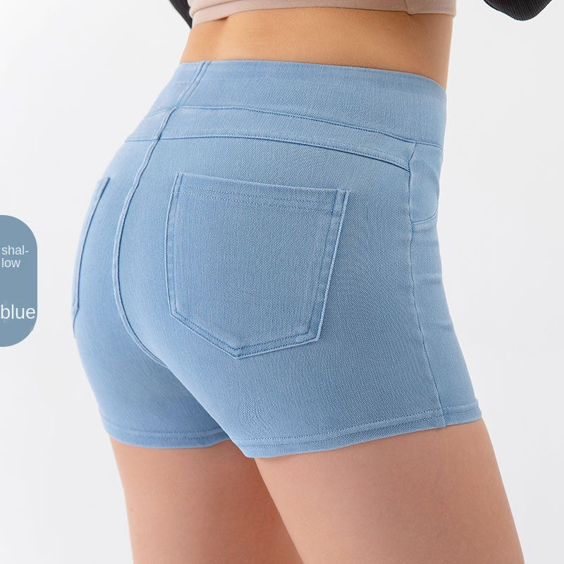 Denim-Look High-Waist Hip-Lifting Yoga Shorts – Slimming Tummy Control Fitness Shorts