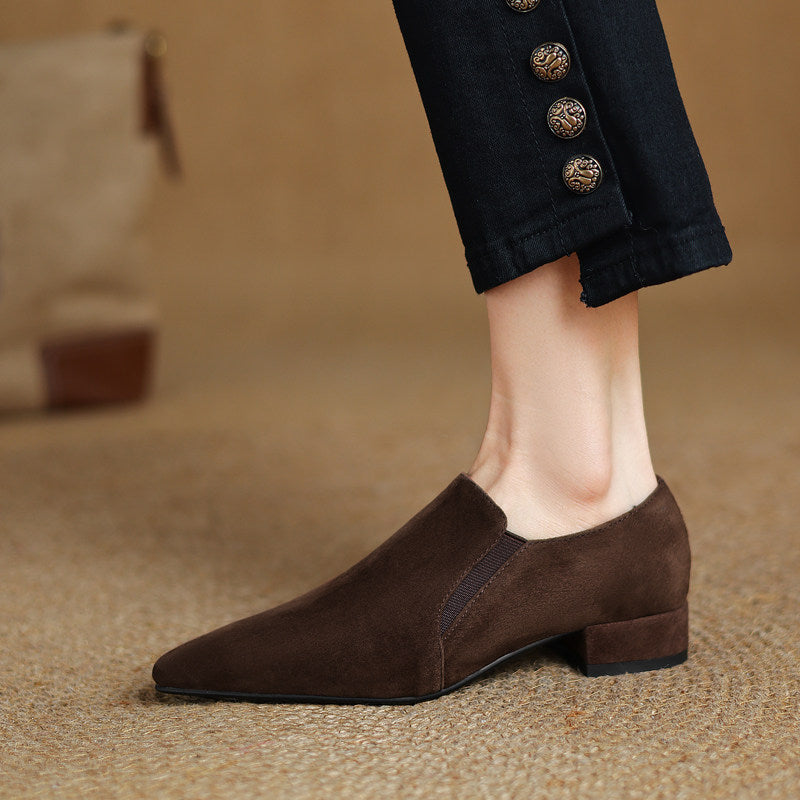 Women's Suede Pointed Toe Chunky Heel Pumps – Deep Vamp Low Heel