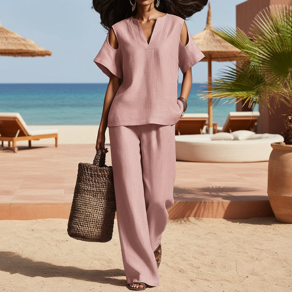 V-Neck Short Sleeve Top & Straight-Leg Pants Set – Ripped Detail, Pockets, Solid Color