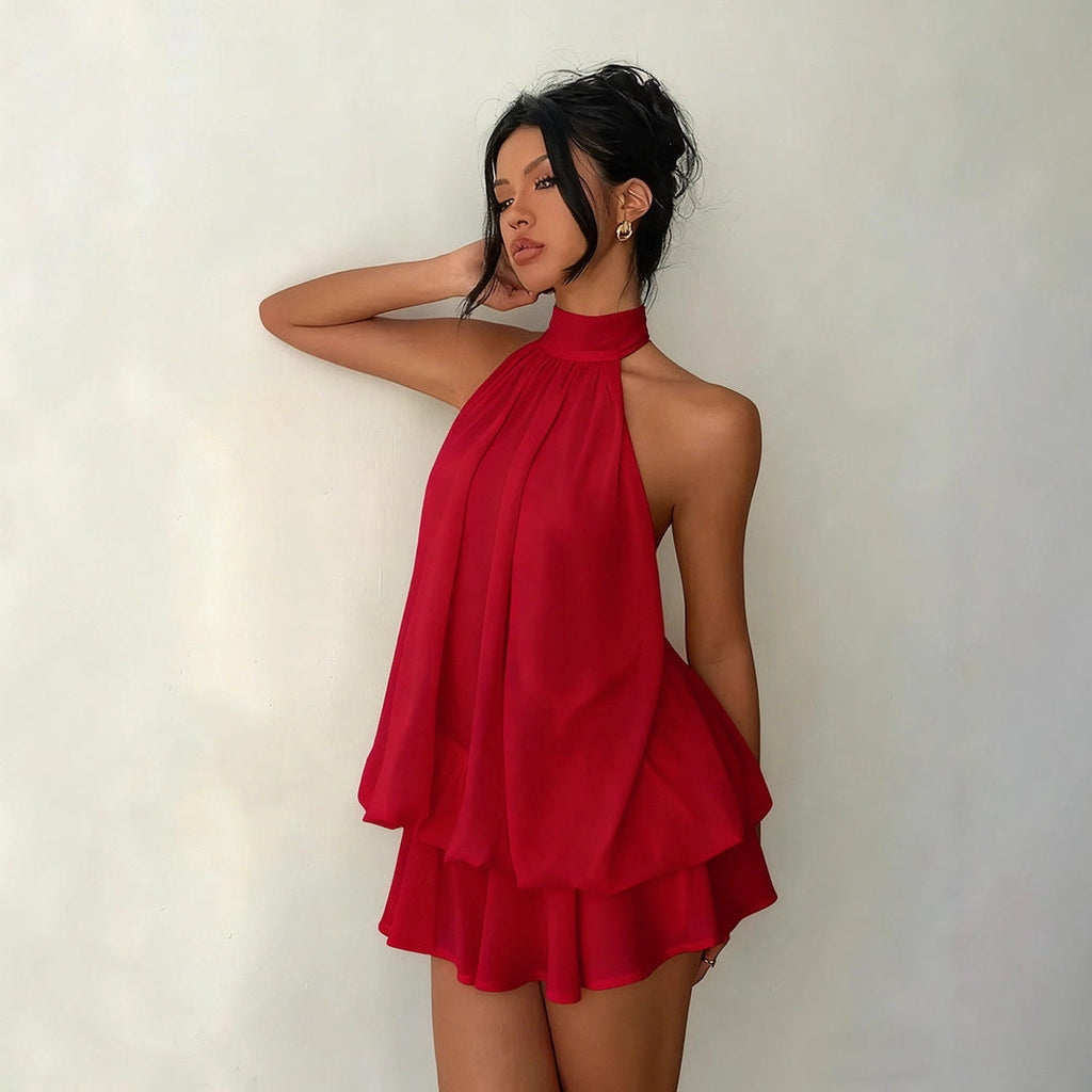 Women's Backless Halter Neck High-Waist Mini Dress with Puffy Skirt