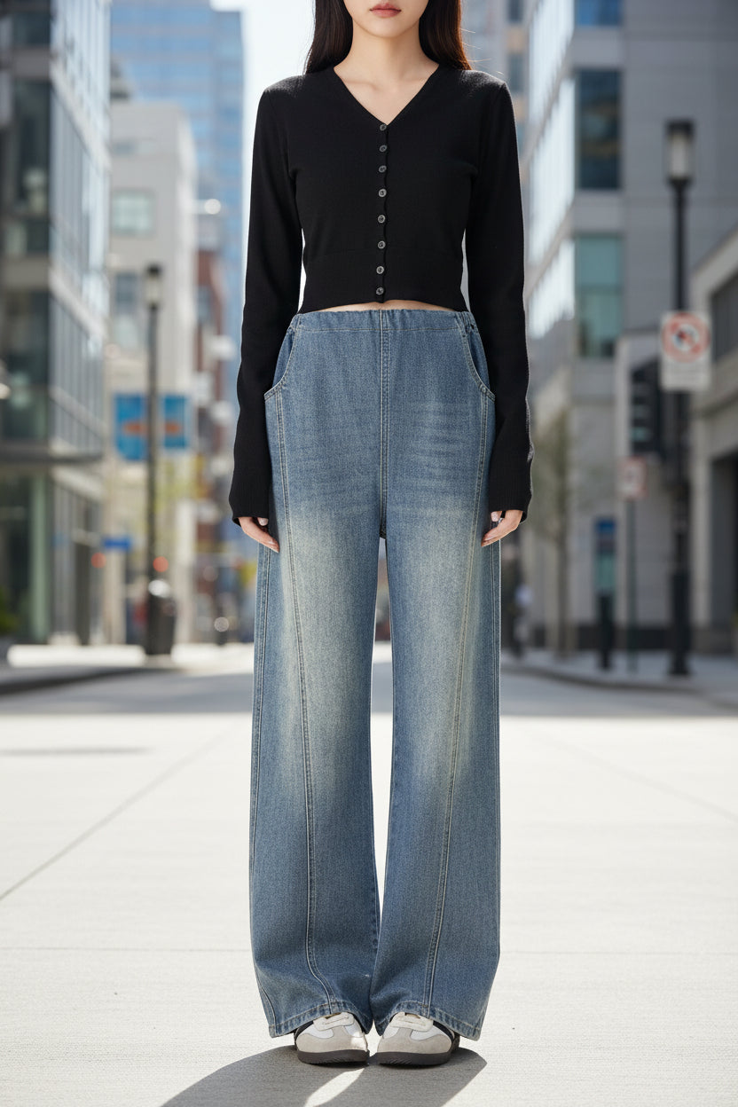 Retro Loose Straight-Leg High-Waist Floor-Length Wide-Leg Maternity Jeans