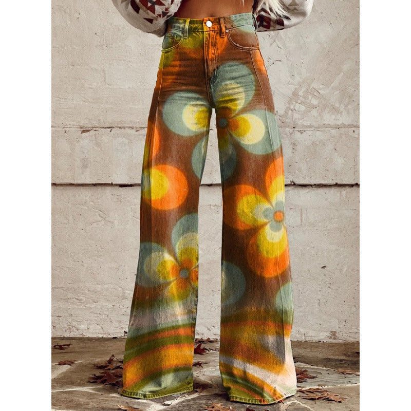 Women's Printed Flare Pants – Mid-Waist Full Length Plus Size