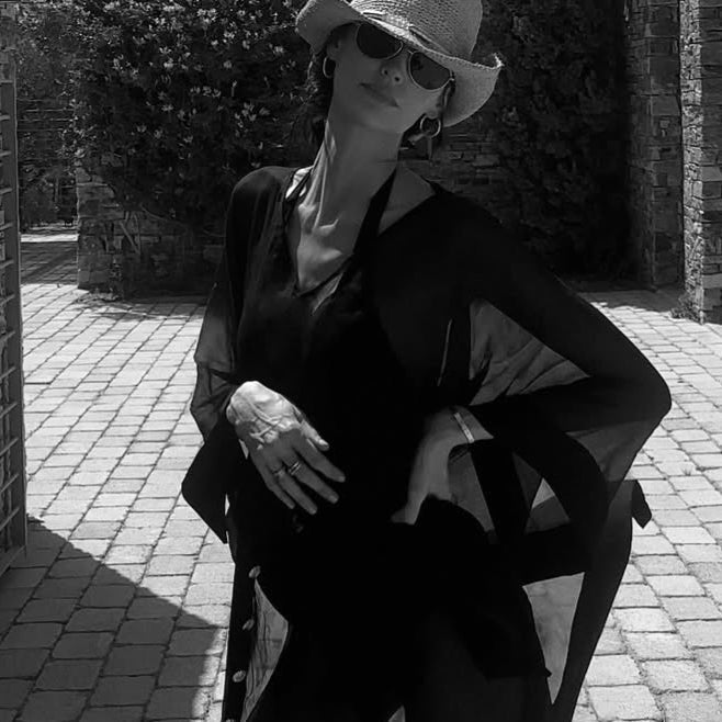 Bianca Ella Booth-Tata Black Sheer Gold Buttoned Belted Kaftan with Asymmetric Hem