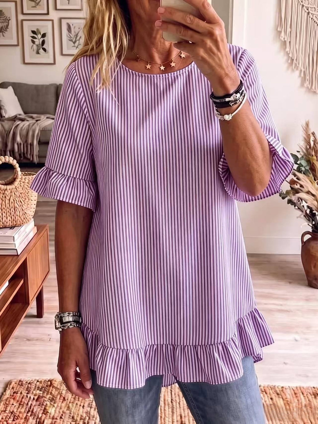 Women's Striped Ruffle-Sleeve Loose-Fit Blouse – Three-Quarter Sleeve