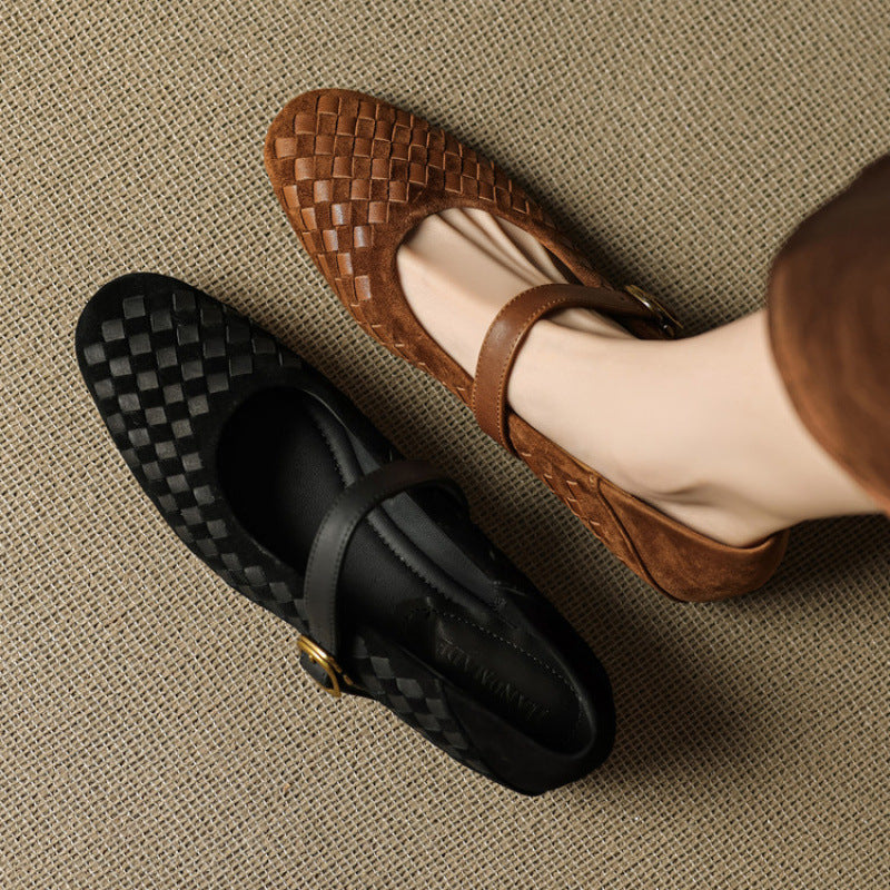 Women's Sheepskin Mary Jane Shoes – Single Strap Round Toe Flat Leather Shoes