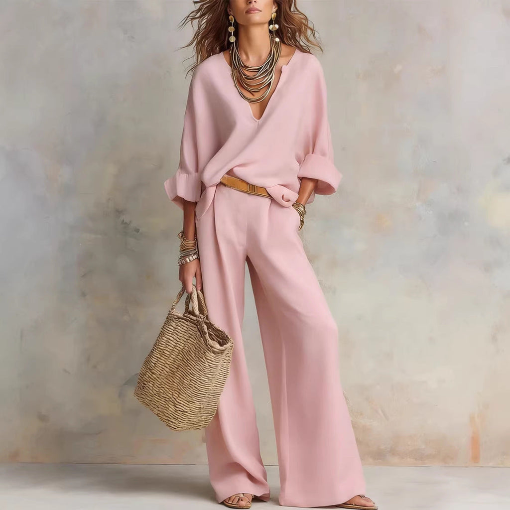 Women's Casual Linen Vacation Set – Three-Quarter Sleeve Top & Full-Length Pants