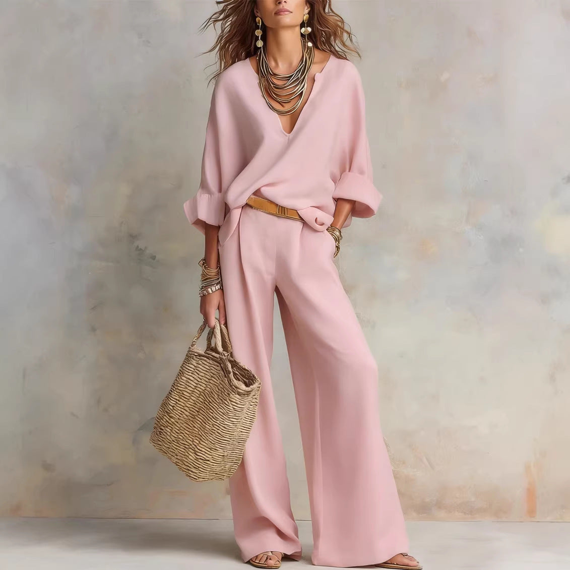 Women's Casual Linen Vacation Set – Three-Quarter Sleeve Top & Full-Length Pants
