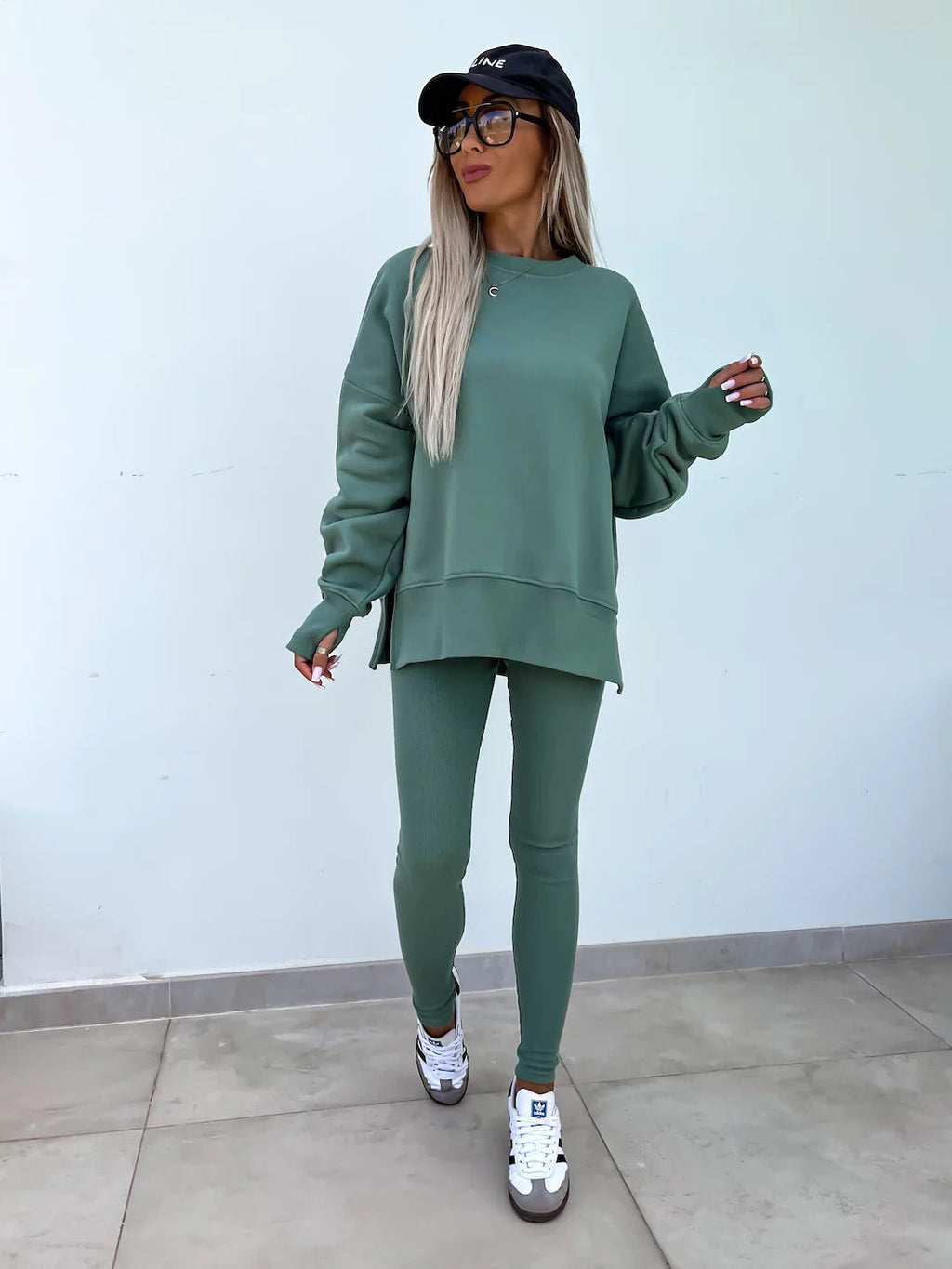 Women’s Casual Sweater Suit – Loose Split Top & Fitted Trousers Set