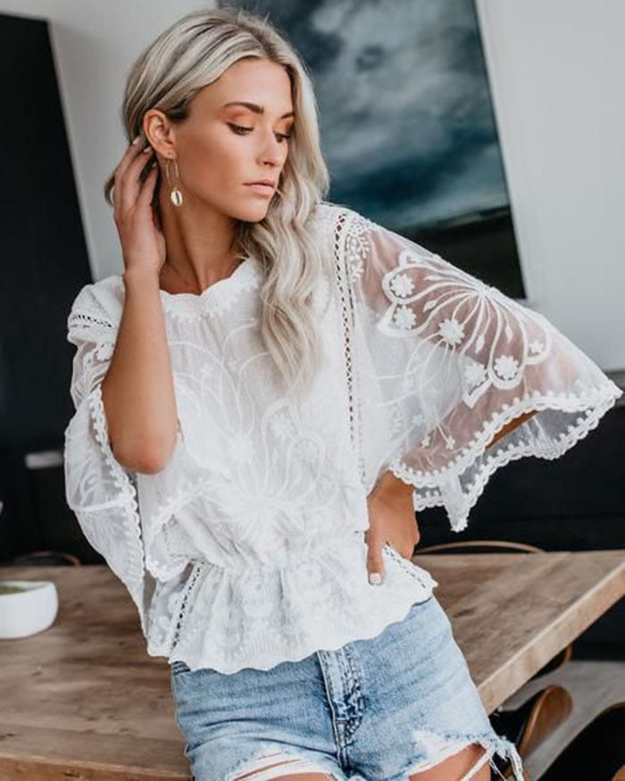 Women’s Lace Trim Top Short Sleeve Batwing Shirt