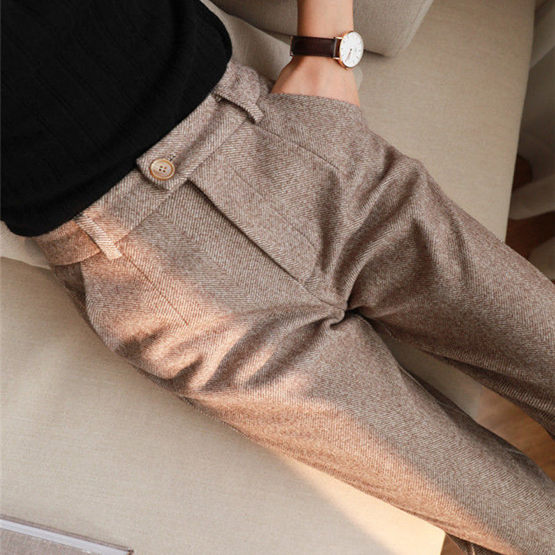 Women's Solid Color Wool-Like Tapered Trousers | Classic Ankle-Length Pants