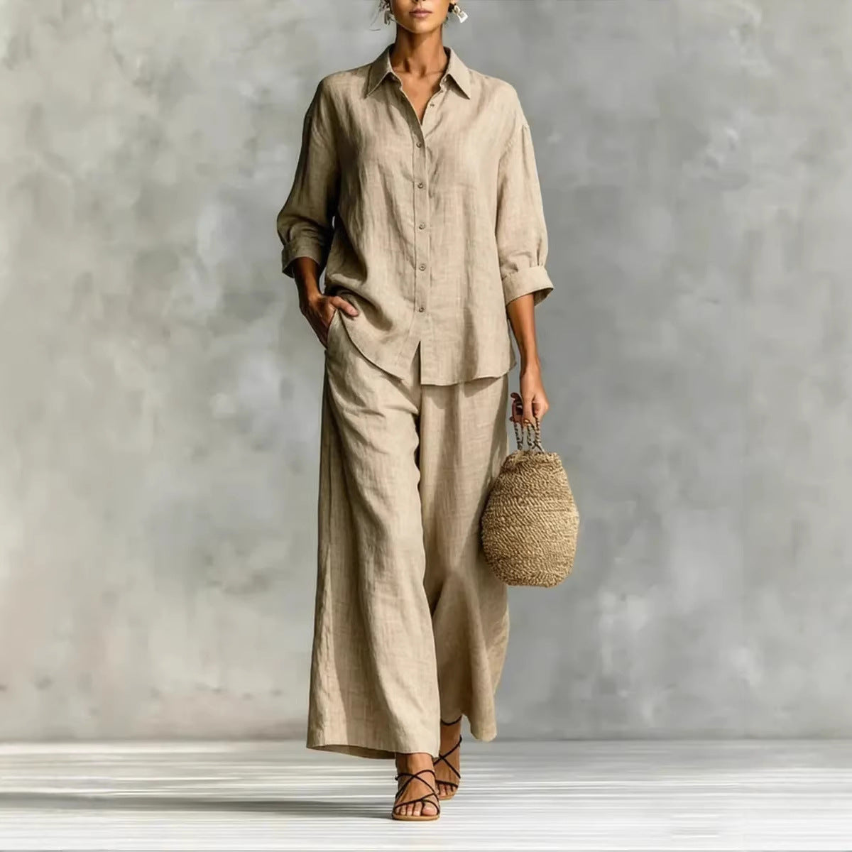 Cotton-Linen Shirt & Wide-Leg Pants Suit – 6 Colors, S–5XL