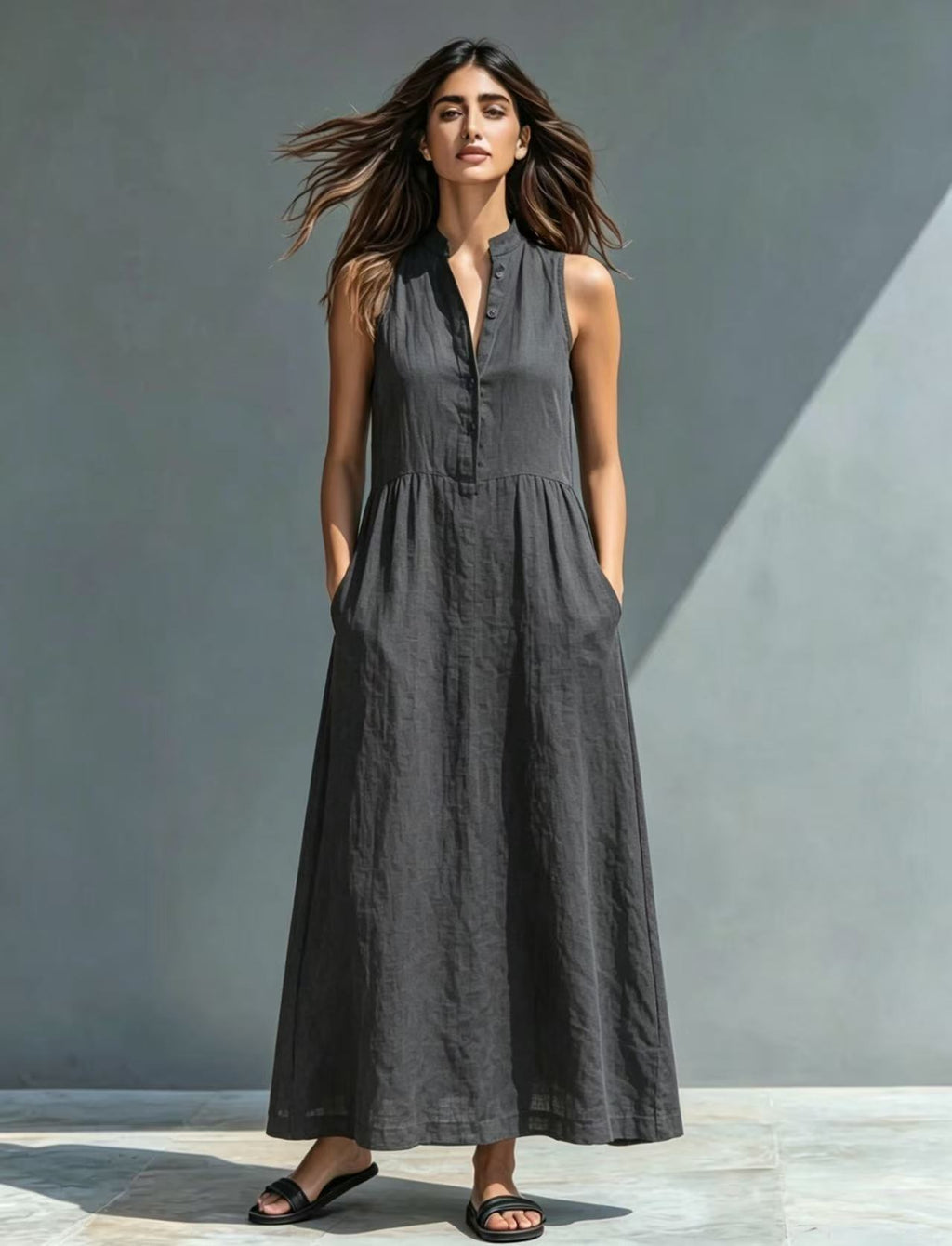 Women's Stand-Collar A-Line Maxi Dress – Resort & Vacation Style