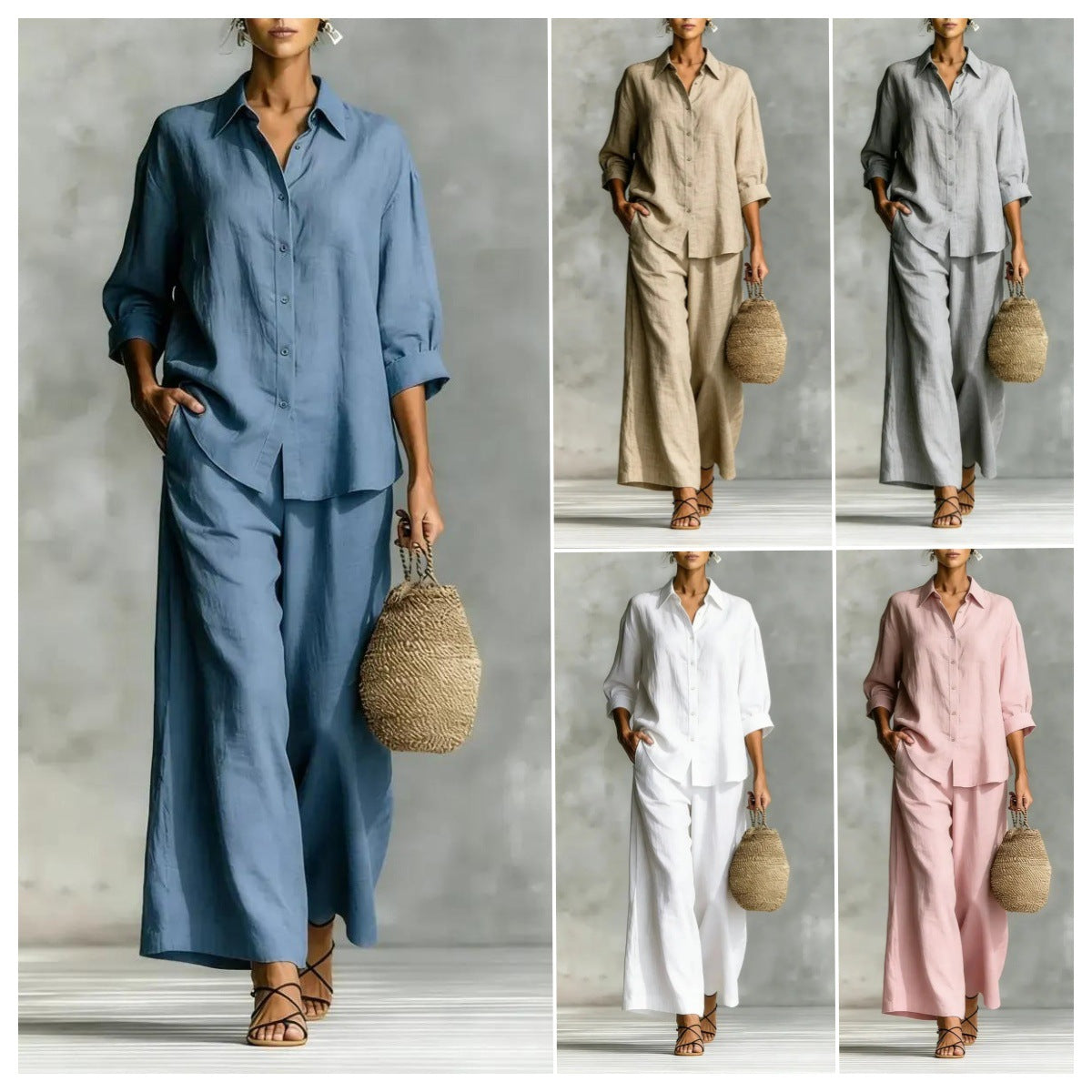 Cotton-Linen Shirt & Wide-Leg Pants Suit – 6 Colors, S–5XL