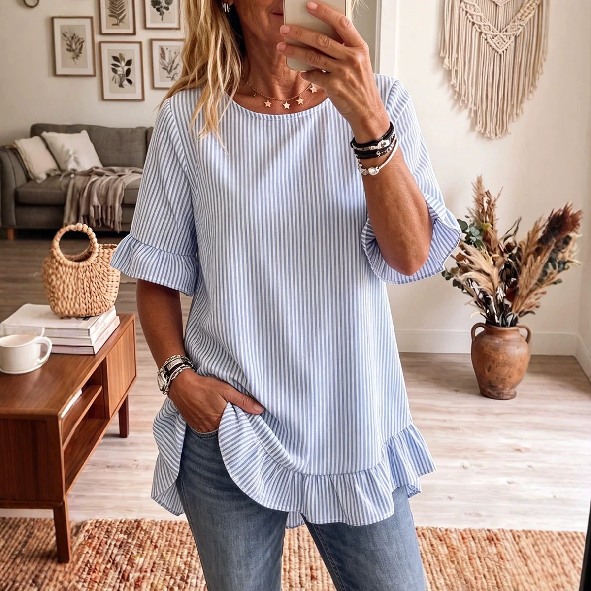 Women's Striped Ruffle-Sleeve Loose-Fit Blouse – Three-Quarter Sleeve