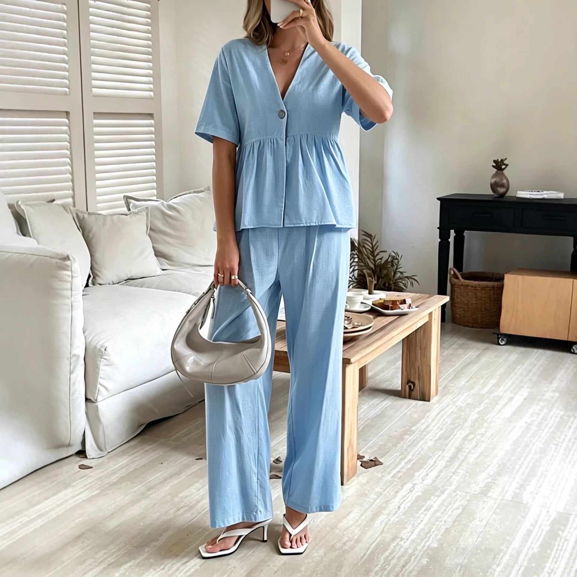 Women's V-Neck Loose Short-Sleeve Top & Wide-Leg Pants Set