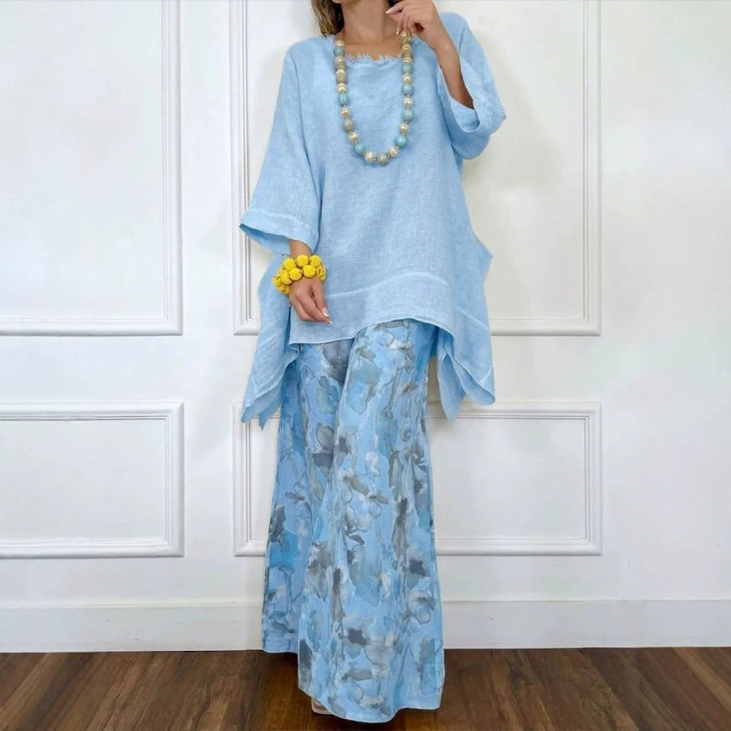 Irregular Hem Drop-Shoulder Top & Wide-Leg Pants Set | 3 Colors