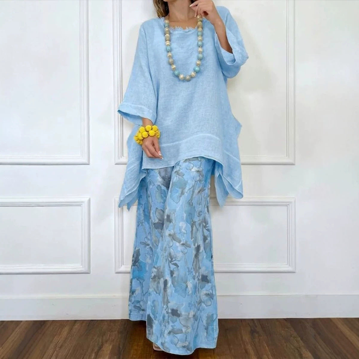 Irregular Hem Drop-Shoulder Top & Wide-Leg Pants Set | 3 Colors