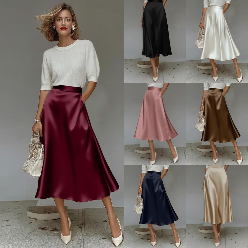 Women's Satin Solid Color Mid-Length Skirt – Slight Stretch