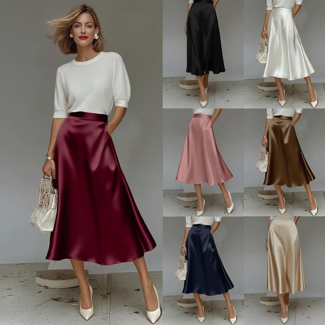 Women's Satin Solid Color Mid-Length Skirt – Slight Stretch