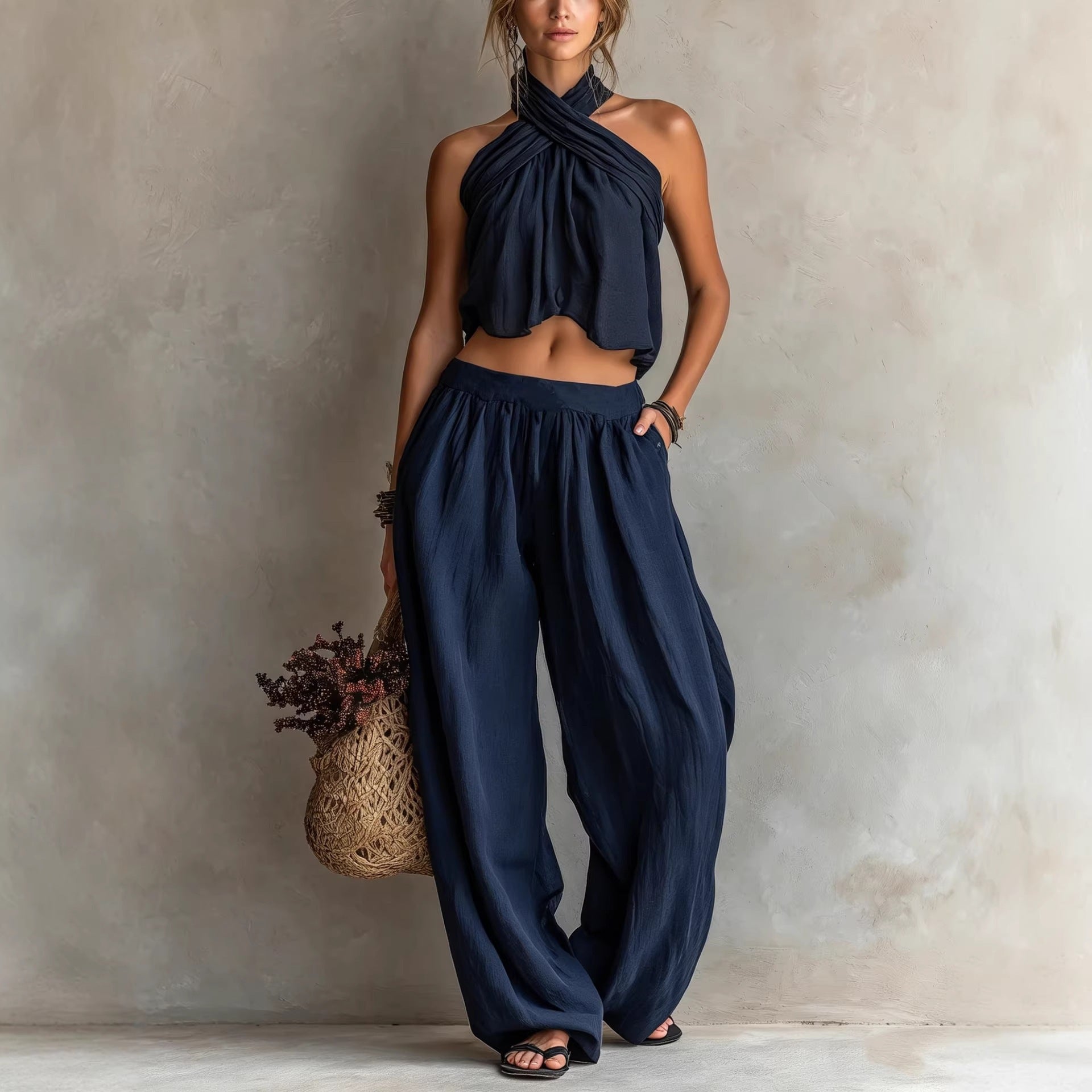 Women's Loose Sleeveless Top & Wide-Leg Pants Set – Linen Blend