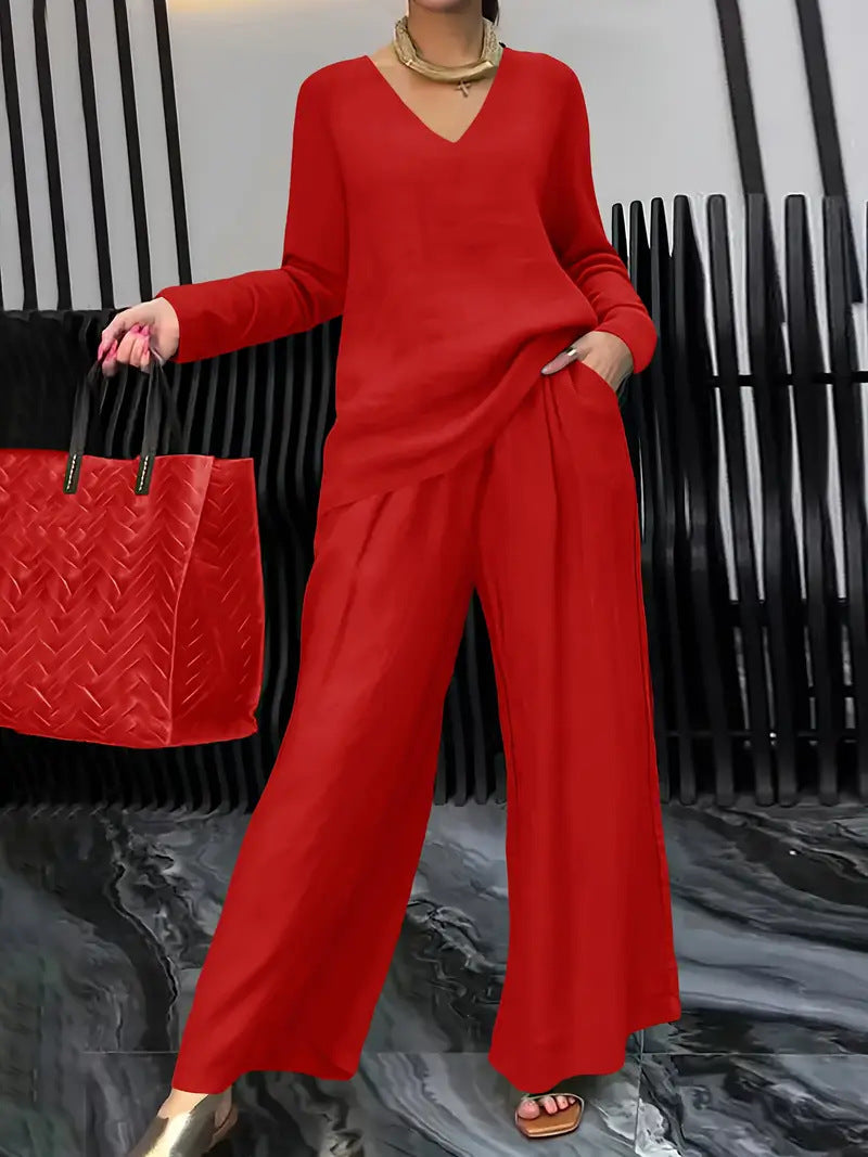 Solid Color Long Sleeve Top & Pants Two-Piece Travel Set