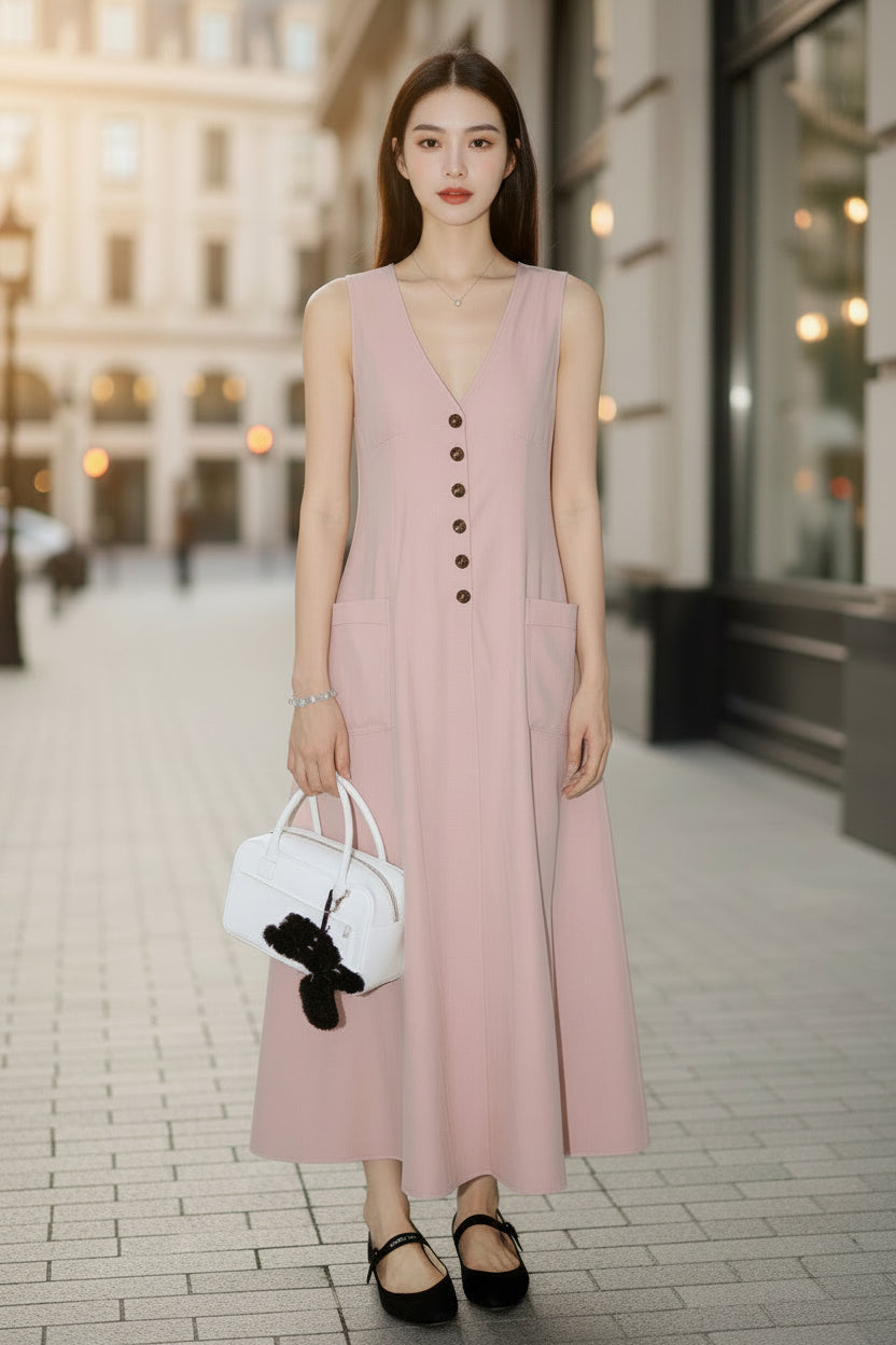 Women's V-Neck Sleeveless Button-Up Pencil Dress