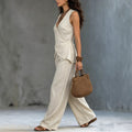 V-Neck Sleeveless Waist-Cinched Top & Wide Leg Pants Two-Piece Set