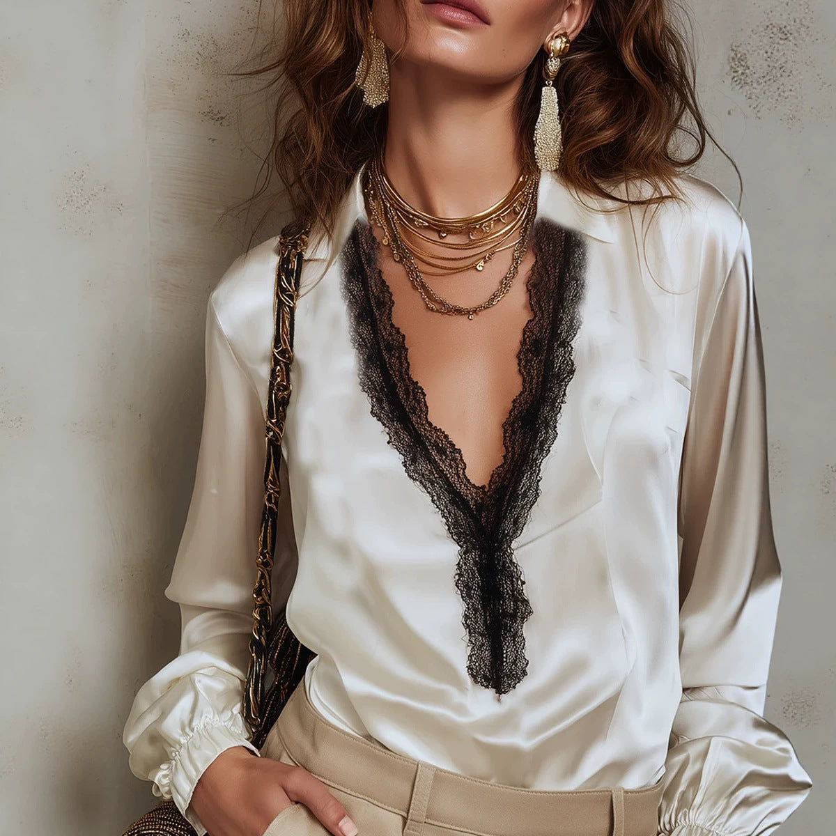 Women's V-Neck Black Lace Patchwork Lantern Sleeve Blouse