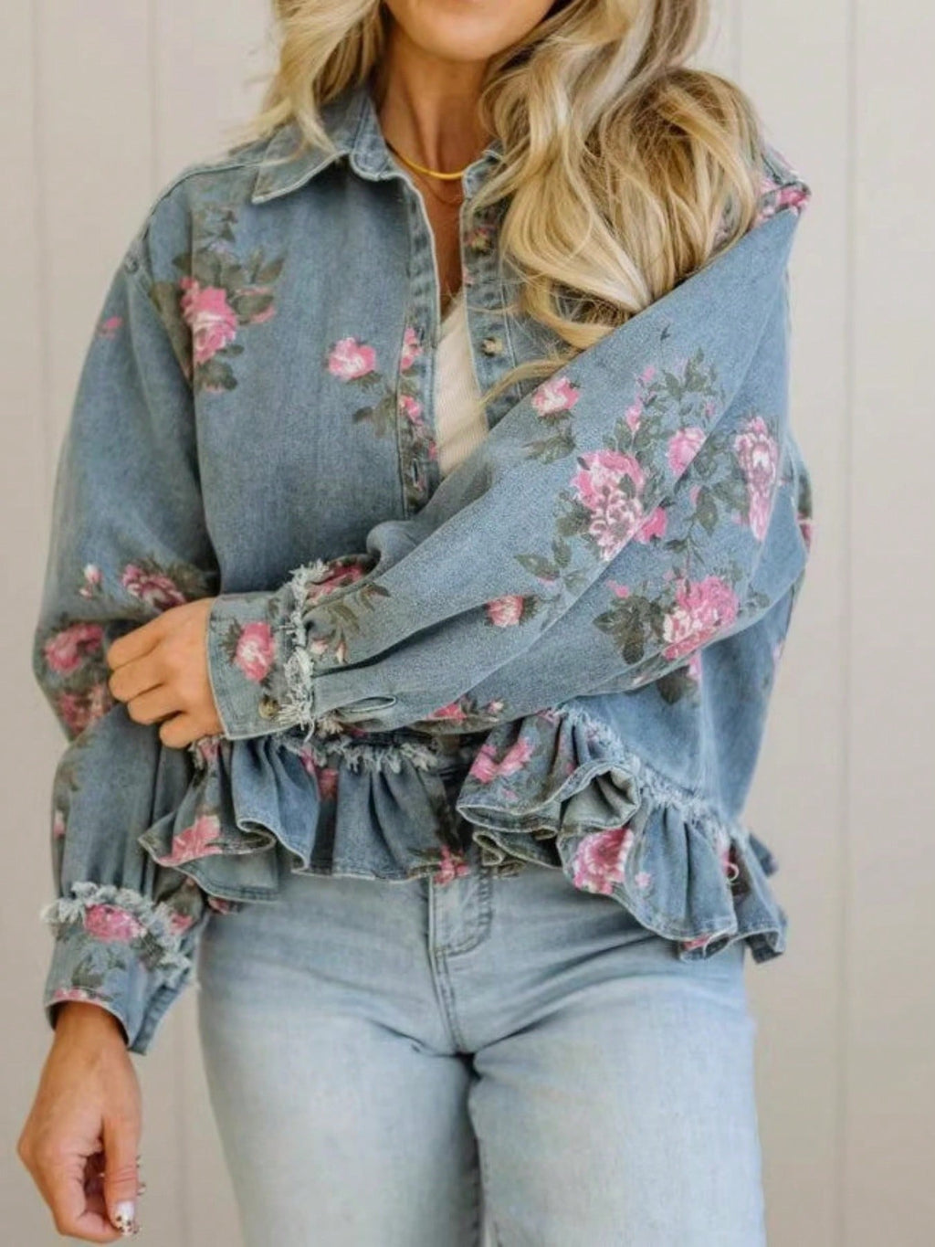 Women's Retro Floral Print Denim Jacket – Long Sleeve Collared Ruffled Hem Short Jacket