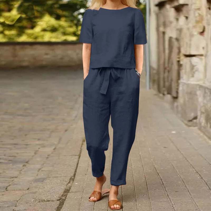 Wide-Leg Pants Two-Piece Set – Solid Color Casual Lounge Suit