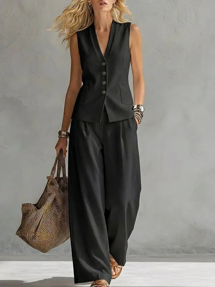 Women's Solid Linen Sleeveless Tank Top & Full-Length Pants Set