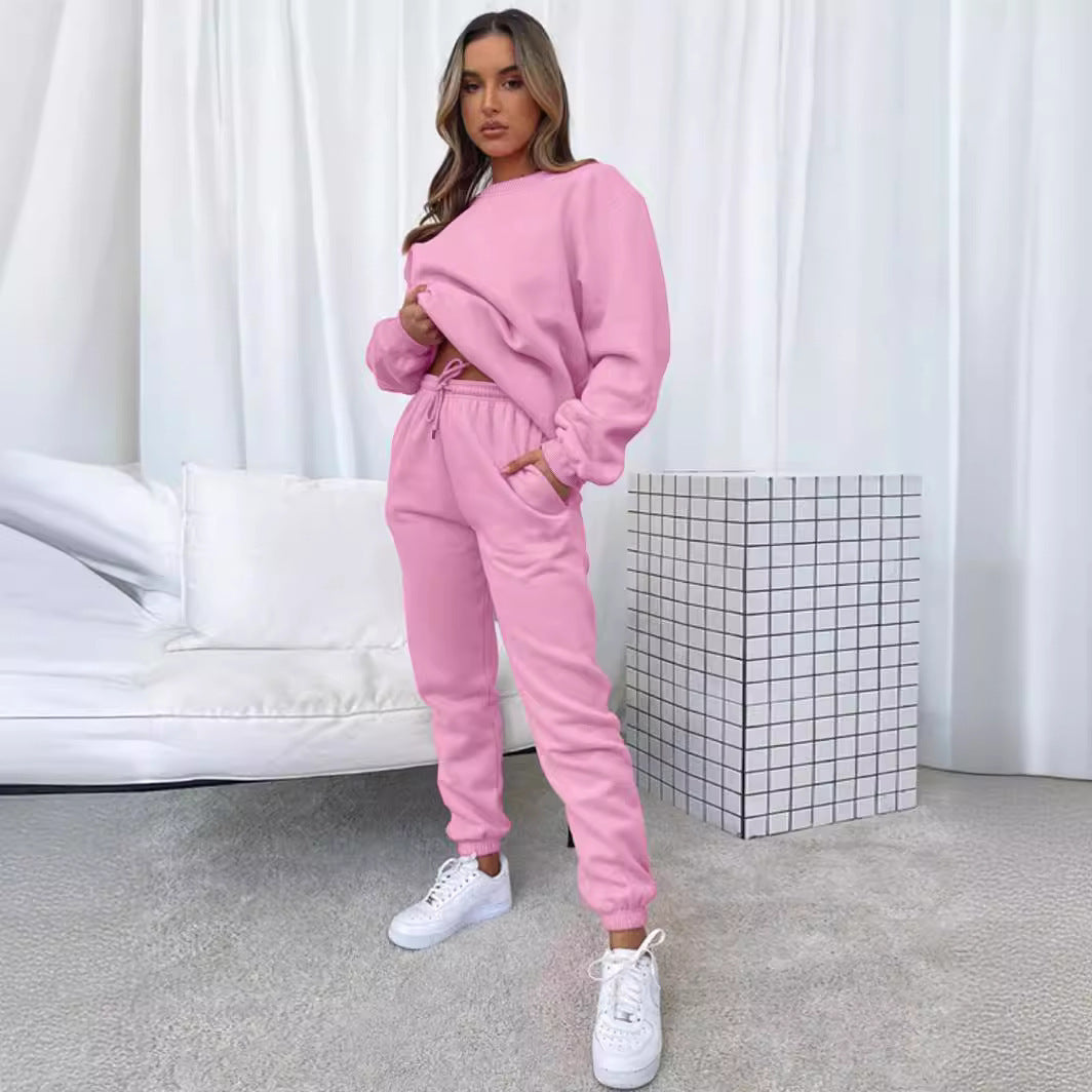 👚 Women's Solid Color Round Neck Pullover Sweatshirt & Pants Set