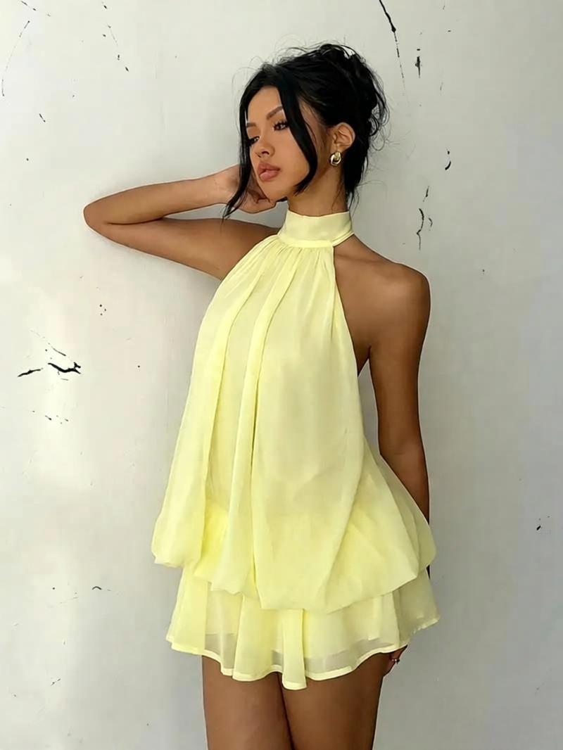 Women's Chiffon Halter Mini Dress – High-Waist Open-Back A-Line Dress