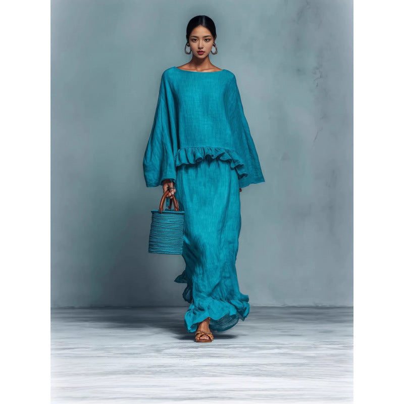 Women's Long Sleeve Top & Irregular Hem Skirt Set | Elegant Solid Color 2-Piece in 4 Colors