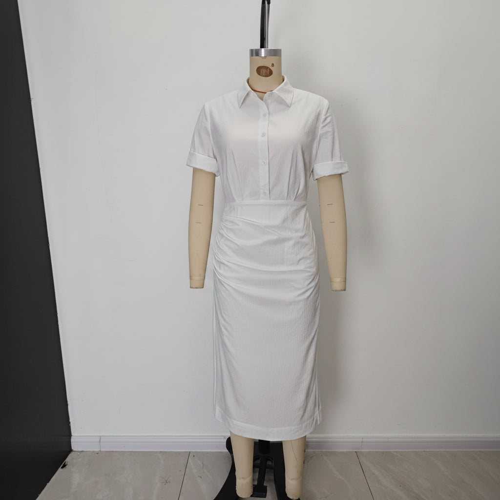 High Waist Shirt Maxi Dress for Women – Solid Color Button Cuff Long Dress