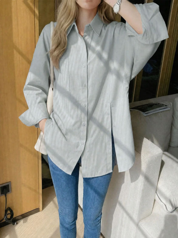 Women's Solid Color Drop Shoulder Button Side Slit Shirt