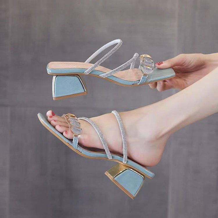 Women's Korean Style Rhinestone Single Strap Slide Sandals – Mid Chunky Heel