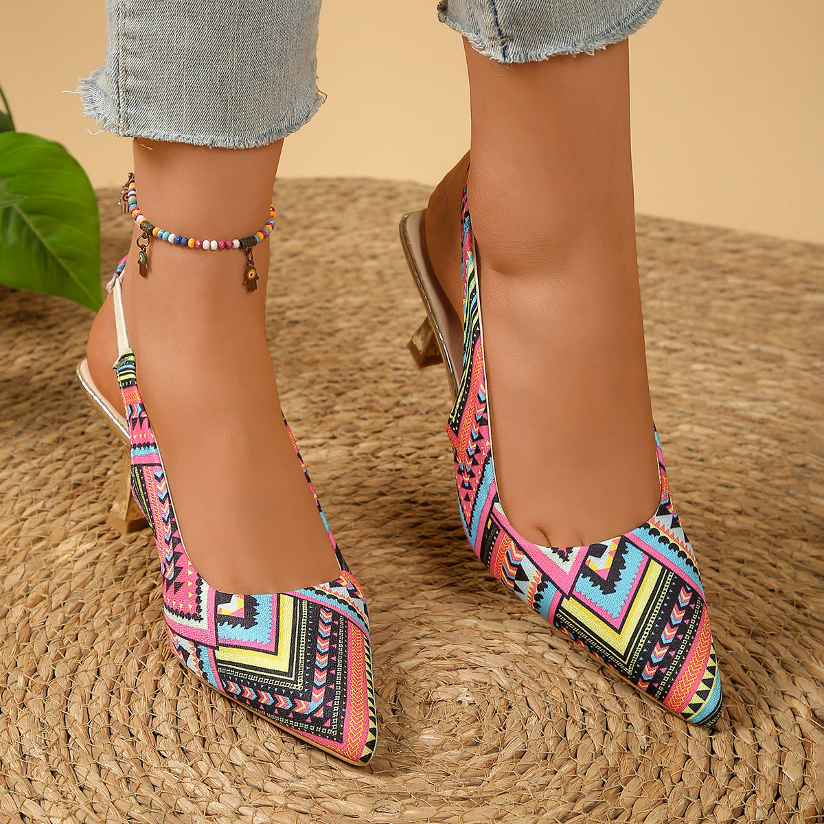 Women's Boho Geometric Print Slingback Stiletto Heels – Pointed Toe