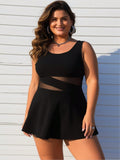 Women's Plus Size Swimdress — Black Mesh Cutout Waist & Flared Skirt